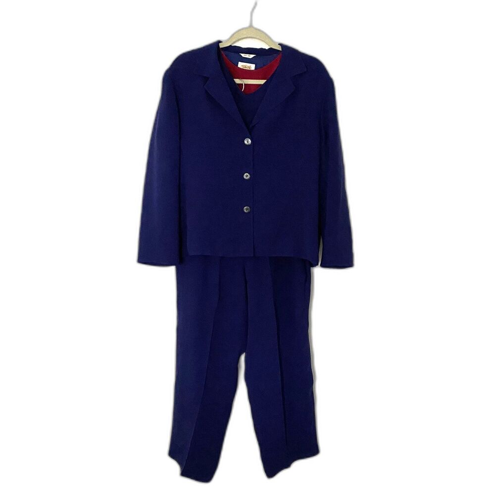 Talbots Petite Blue Silk 3 Piece Suit Blazer Top Pants Set Sz 12P & 16P